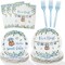 Baby Shower Decorations Plates Set 25 Guests, 100 Pcs Blue It's a Boy Sweet Baby Shower Decorations Paper Plates Napkins Forks Set Tableware
